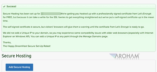 Success message after adding free SSL on DreamHost