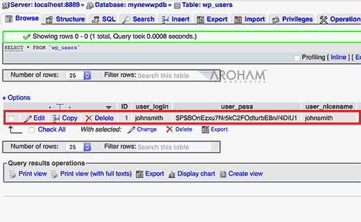 Browsing users table in WordPress DB