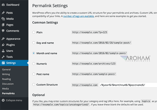 The permalinks settings page in WordPress